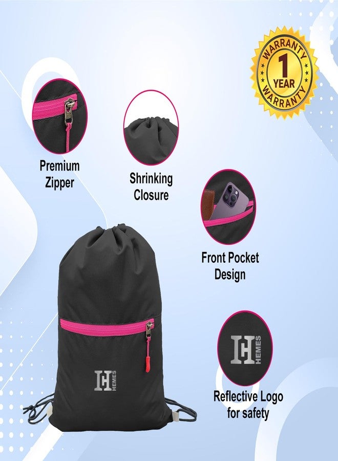 H-HEMES Drawstring Backpack Small Bag Gym Bag for Women & Men With Front Zipper Pocket 12L Dori Bag (Black & Pink) - Image 2